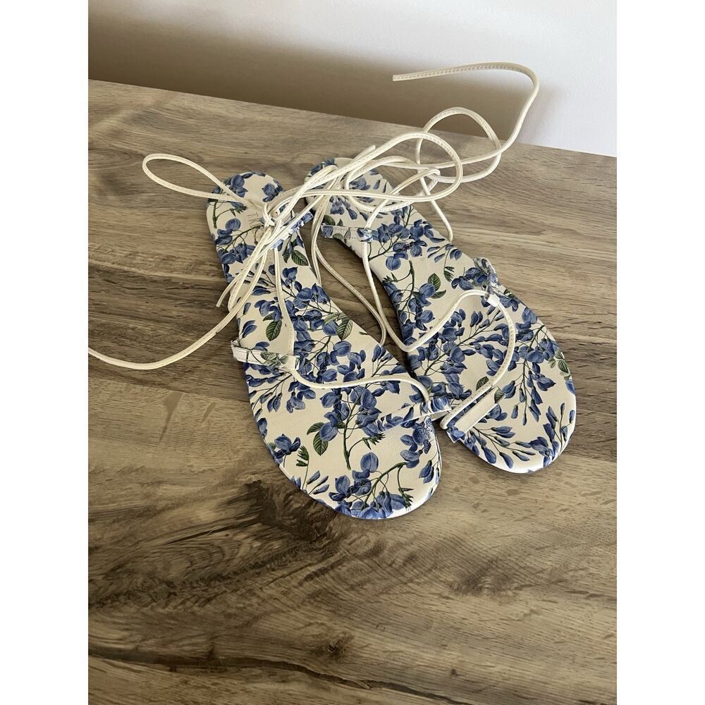TKEES X Alice + Olivia Blue Floral Tie Up Lace Up Leather Sandals White Size 11